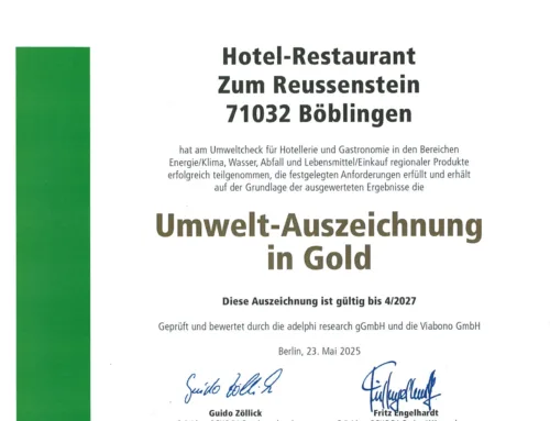 Gold für Nachhaltigkeit: Hotel-Restaurant Reussenstein erhält DEHOGA Umwelt-Auszeichnung