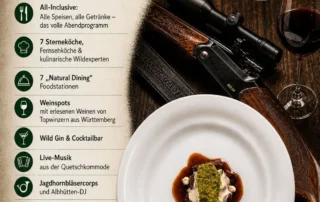 Flyer Reussensteiner Herdkonzert Wild Edition am 26.09.2026 mit Wildgericht, Jagdgewehr und Rotwein vor Kaminfeuer