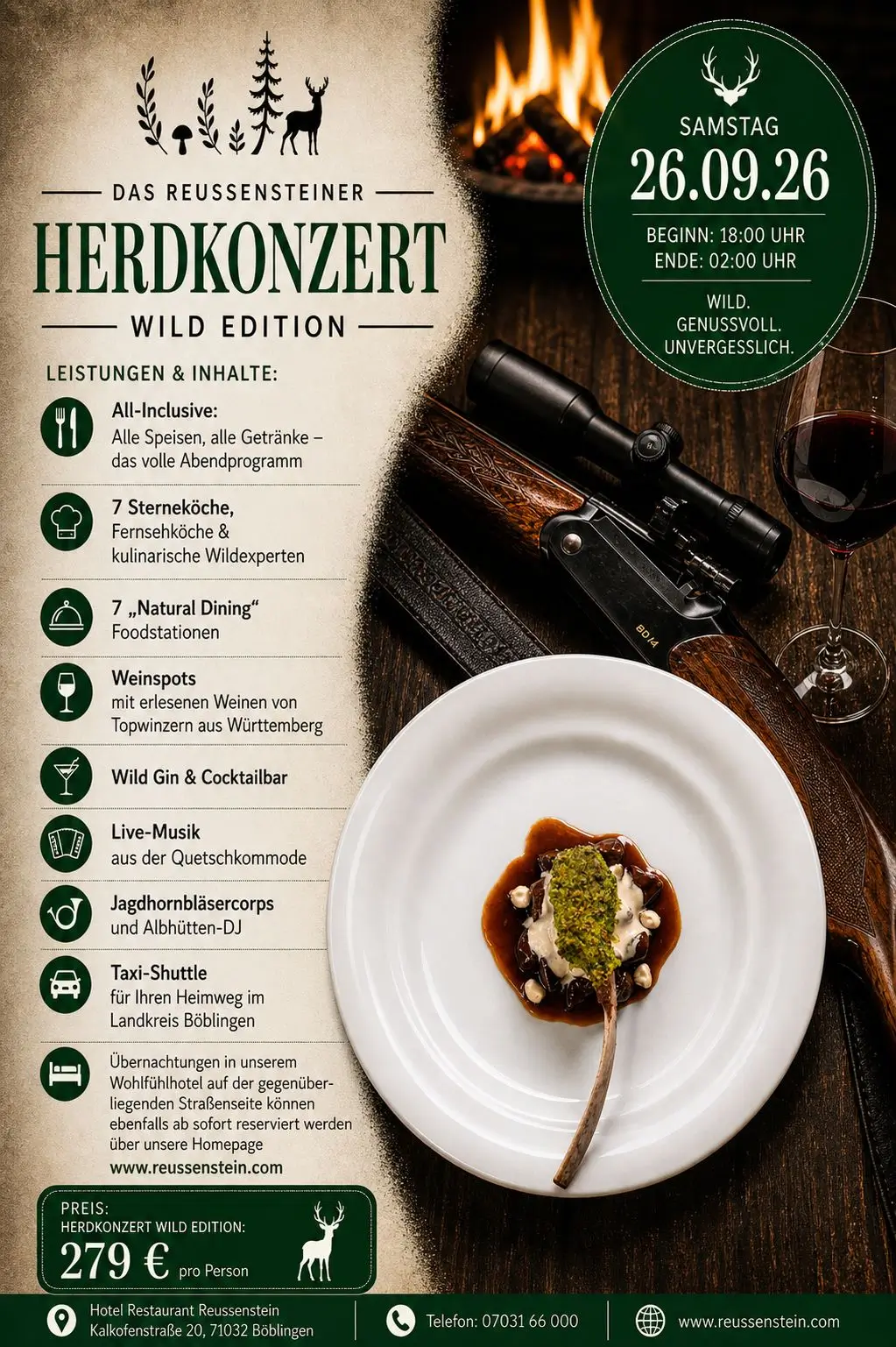 Flyer Reussensteiner Herdkonzert Wild Edition am 26.09.2026 mit Wildgericht, Jagdgewehr und Rotwein vor Kaminfeuer