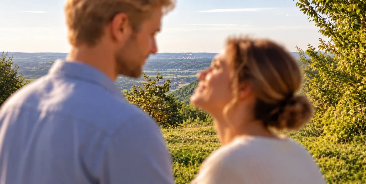 Urlaub in Böblingen – Paar genießt den Ausblick über den Schönbuch beim Schwabenpaket des Hotel Restaurant Reussenstein